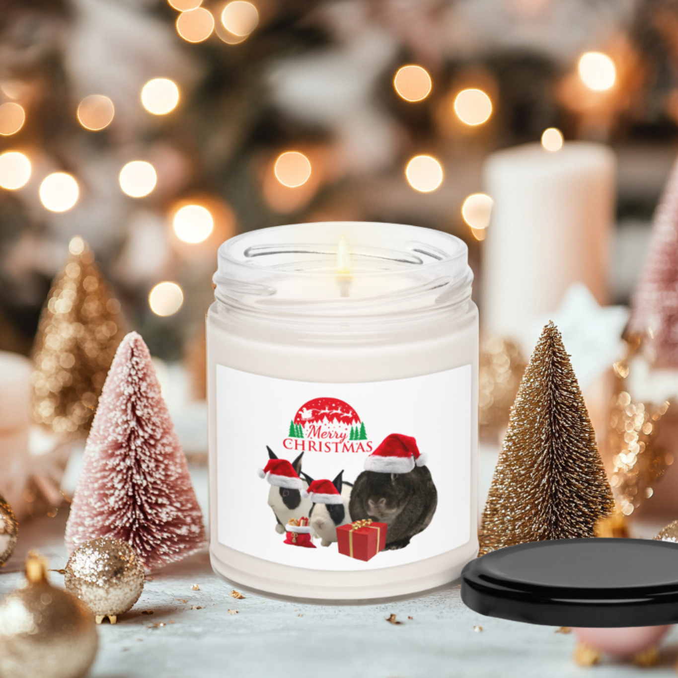 Cute Merry Christmas Bunny Santa Sleigh Glass Jar Candle