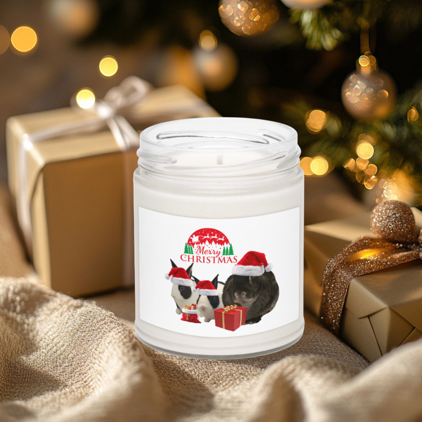 Cute Merry Christmas Bunny Santa Sleigh Glass Jar Candle