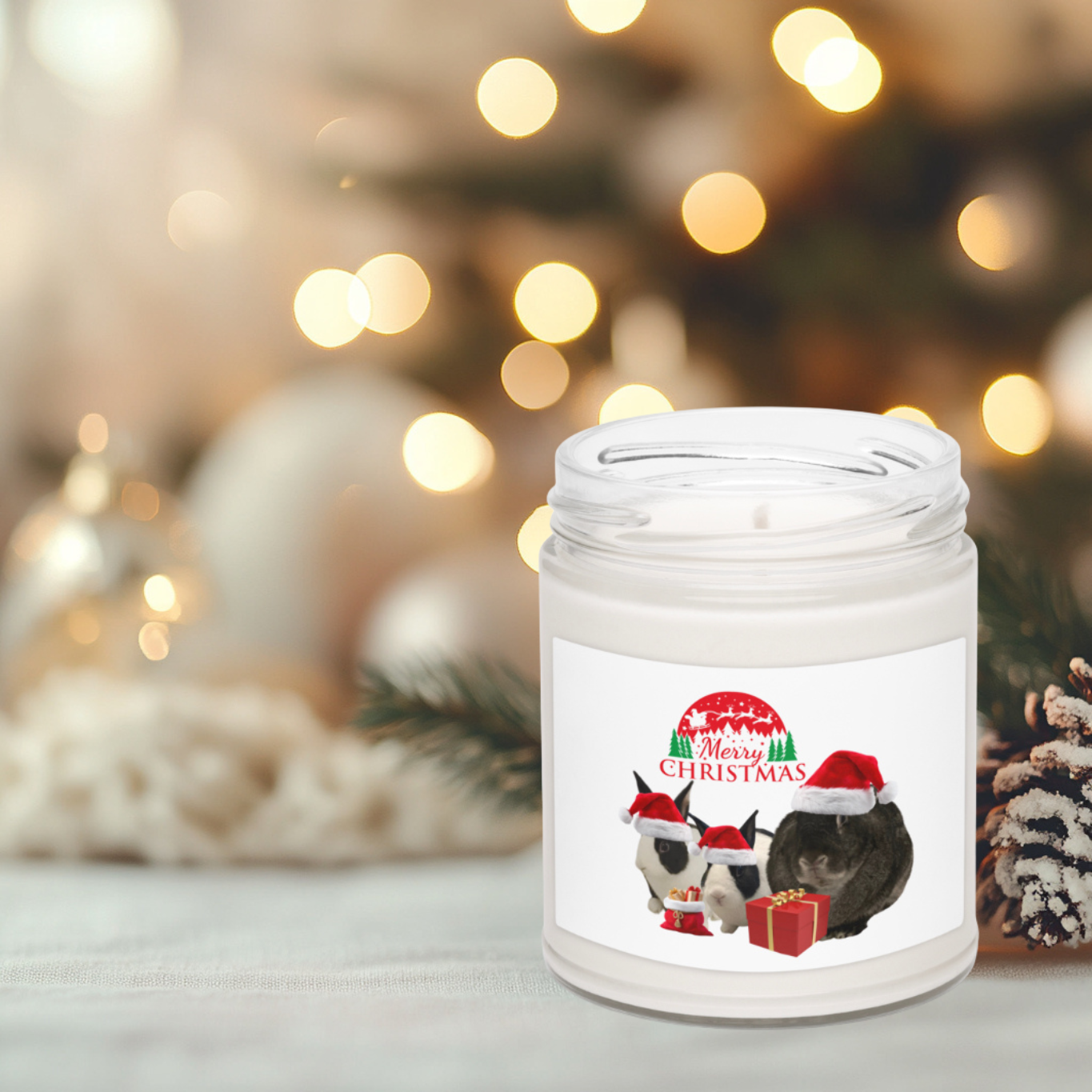 Cute Merry Christmas Bunny Santa Sleigh Glass Jar Candle