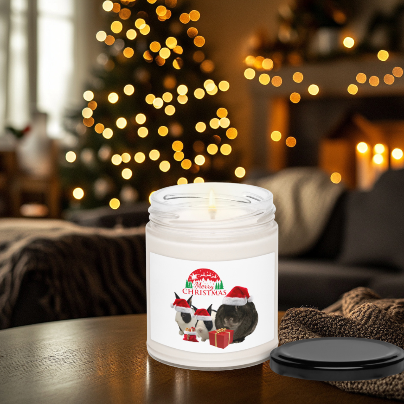 Cute Merry Christmas Bunny Santa Sleigh Glass Jar Candle
