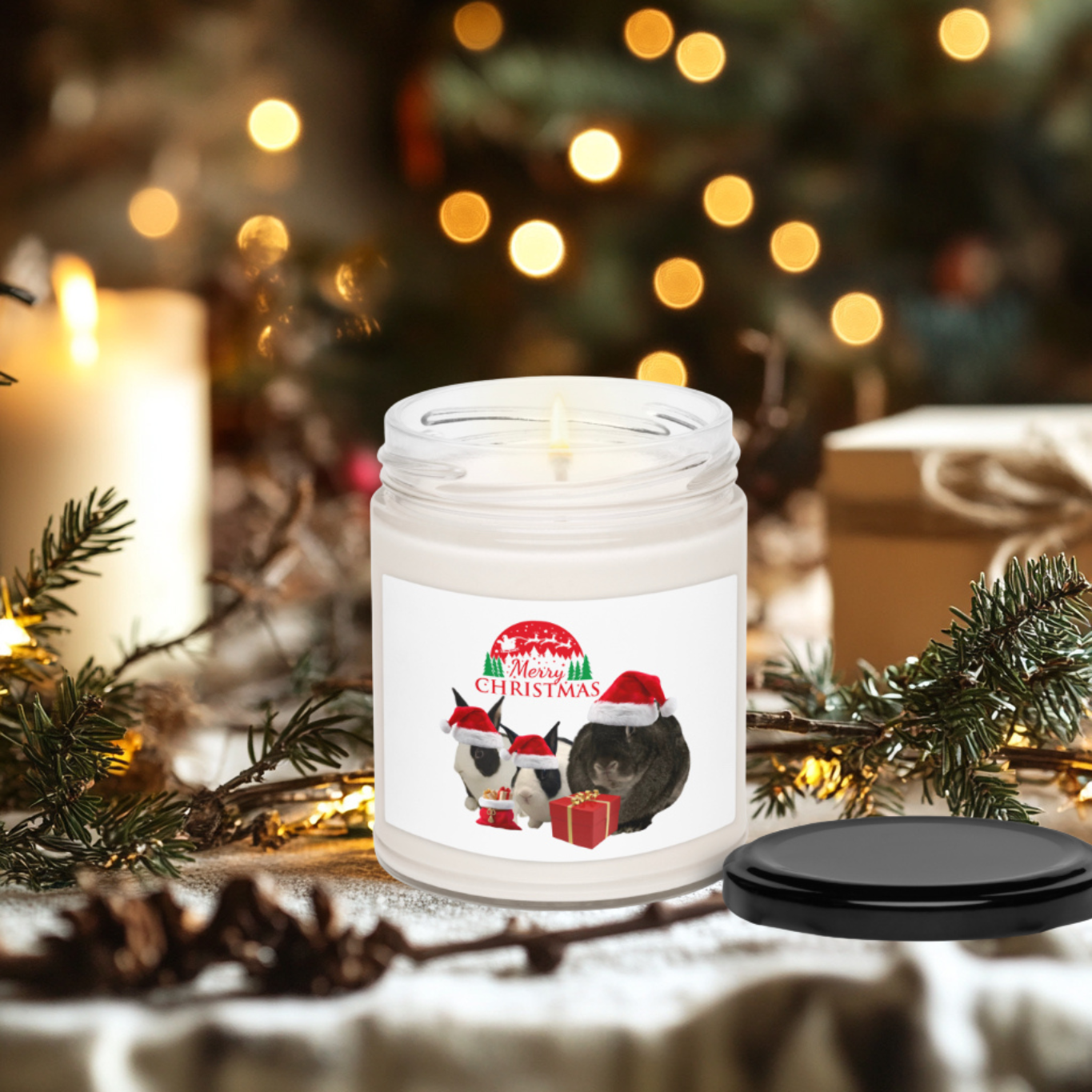 Cute Merry Christmas Bunny Santa Sleigh Glass Jar Candle