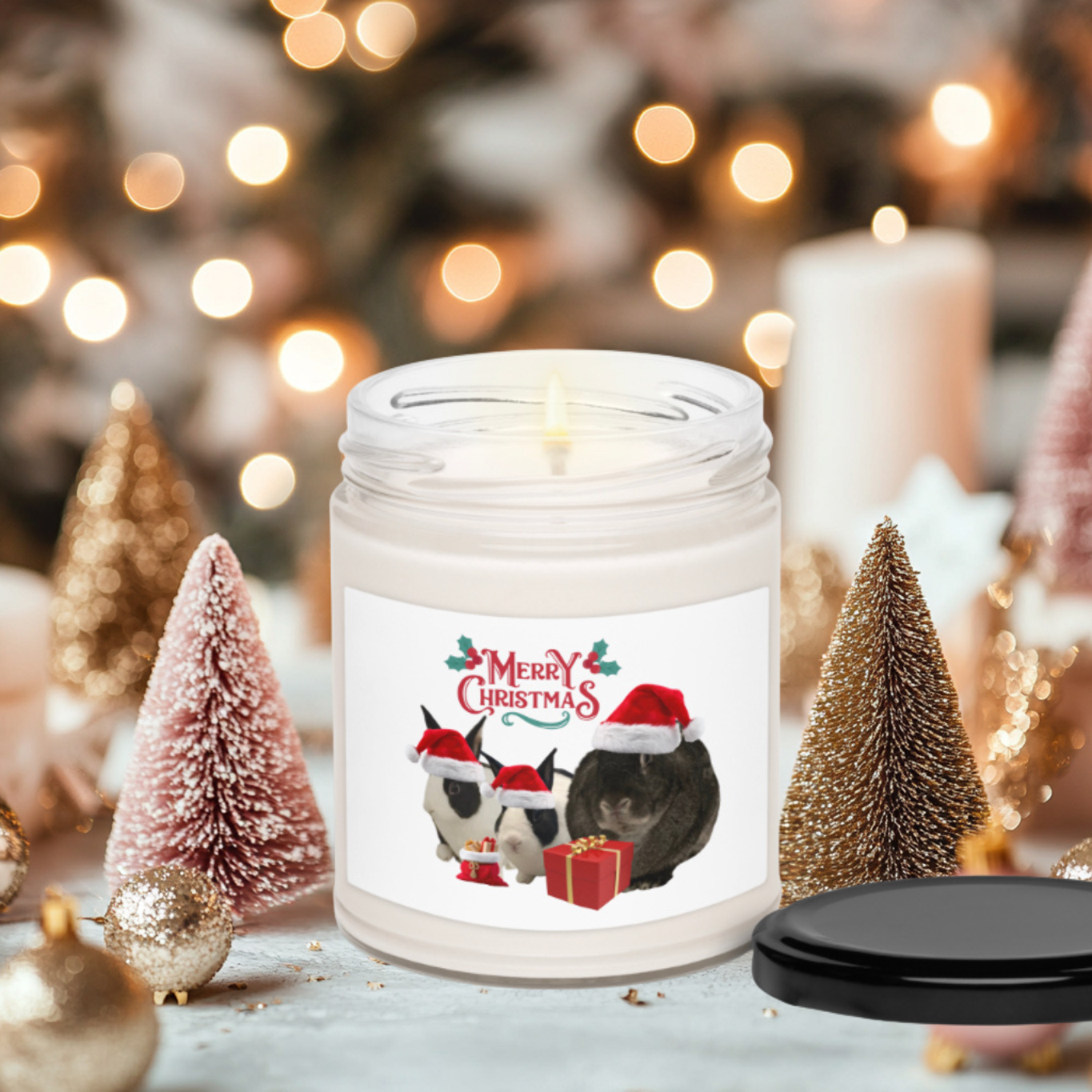 Cute Merry Christmas Bunny Holly Berry Glass Jar Candle