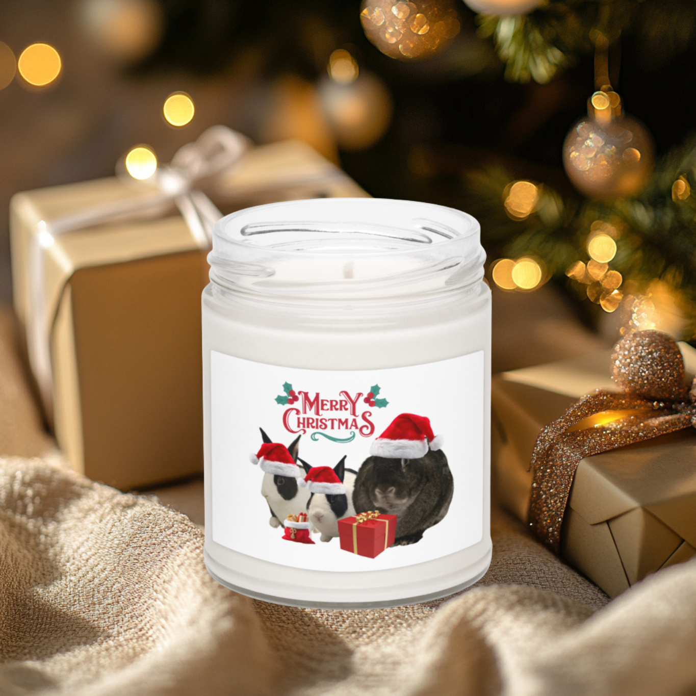 Cute Merry Christmas Bunny Holly Berry Glass Jar Candle