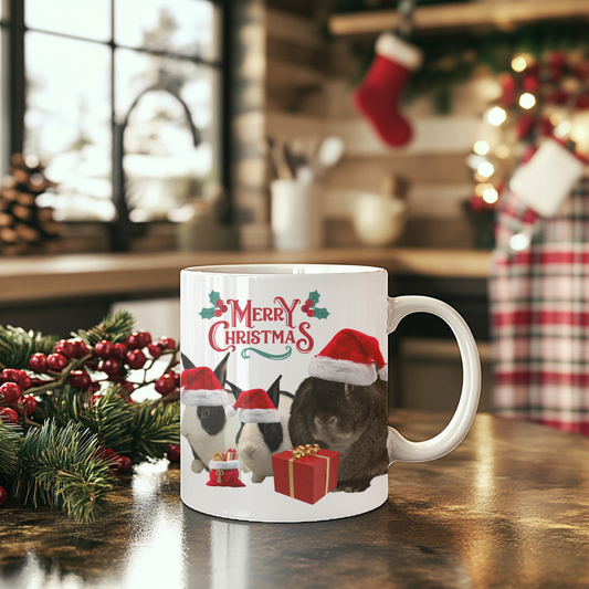 Cute Merry Christmas Bunny Holly Berry Coffee Mug